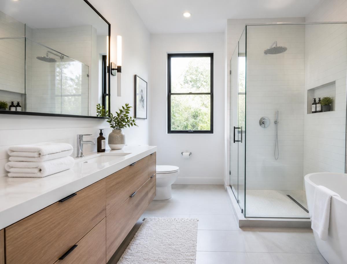 Clean modern bathroom with polished glass and fresh towels