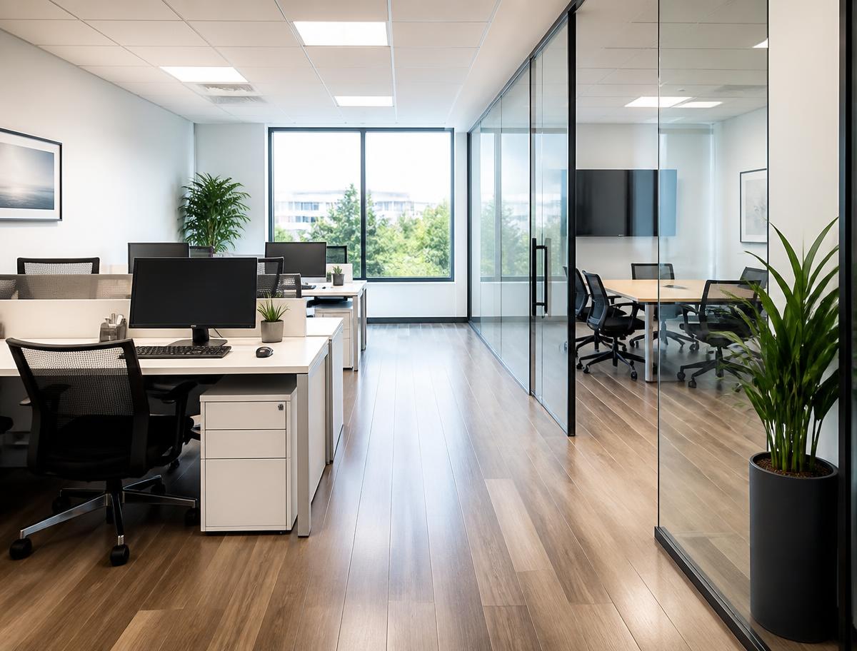 Tidy office workspace with clean desks and polished floors